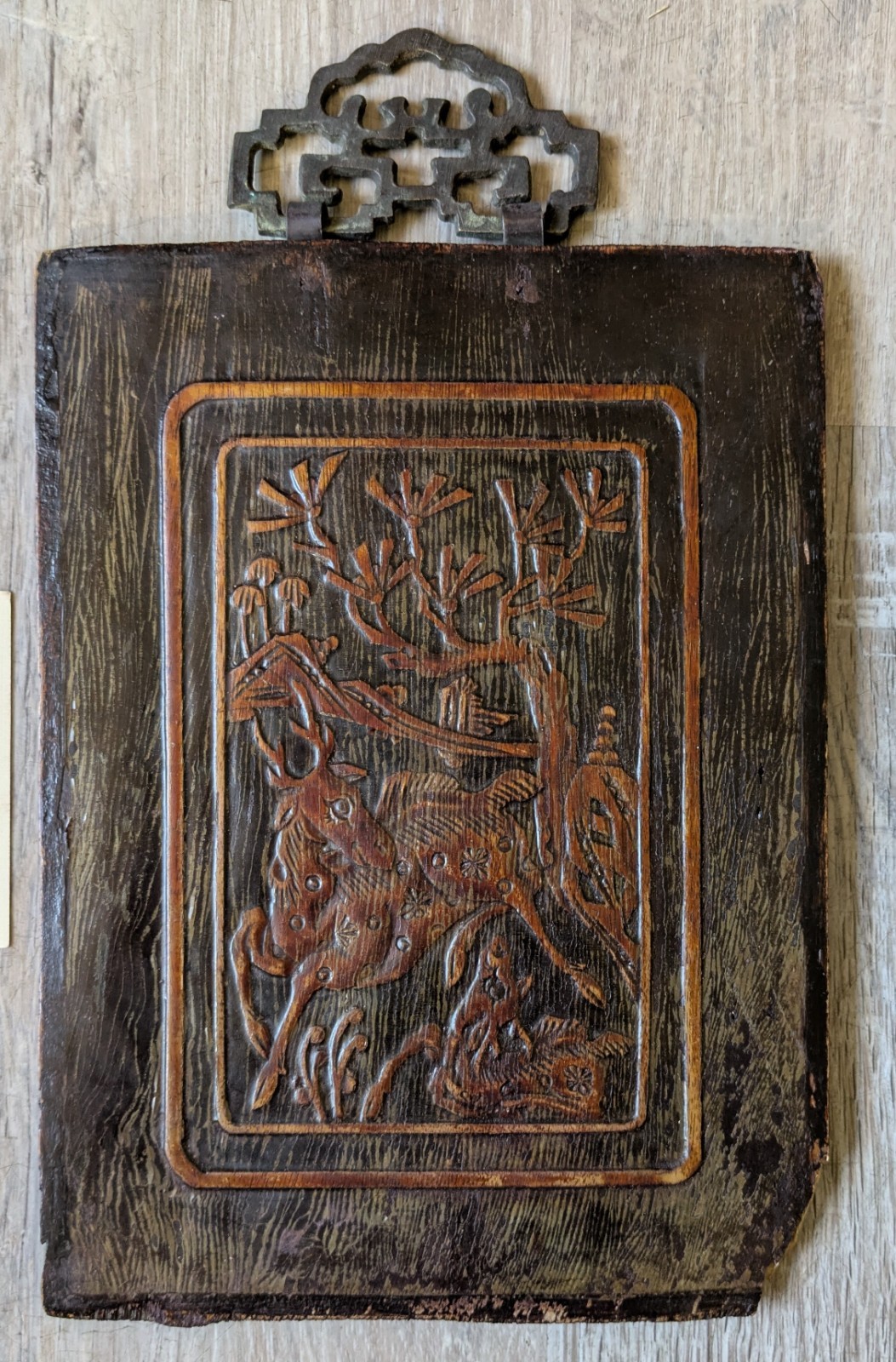 Antique Hand Carving Chinese Wood Panel Relief Deer 8.75″ x 6 3/8″