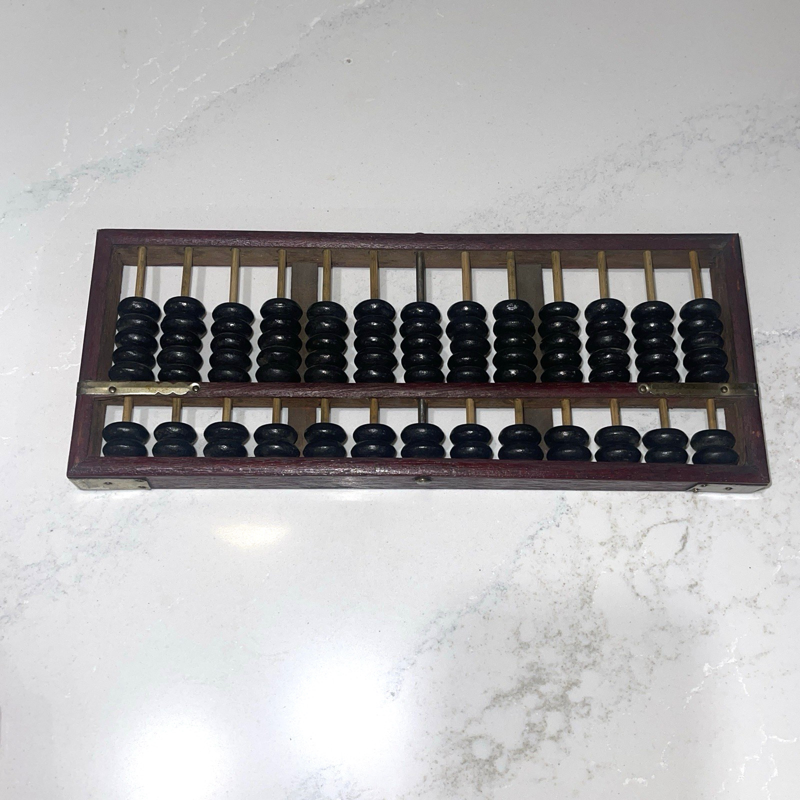 Vintage Abacus Brass Corners Chinese style Calculator Dark Wood 11 x 4.5 inch