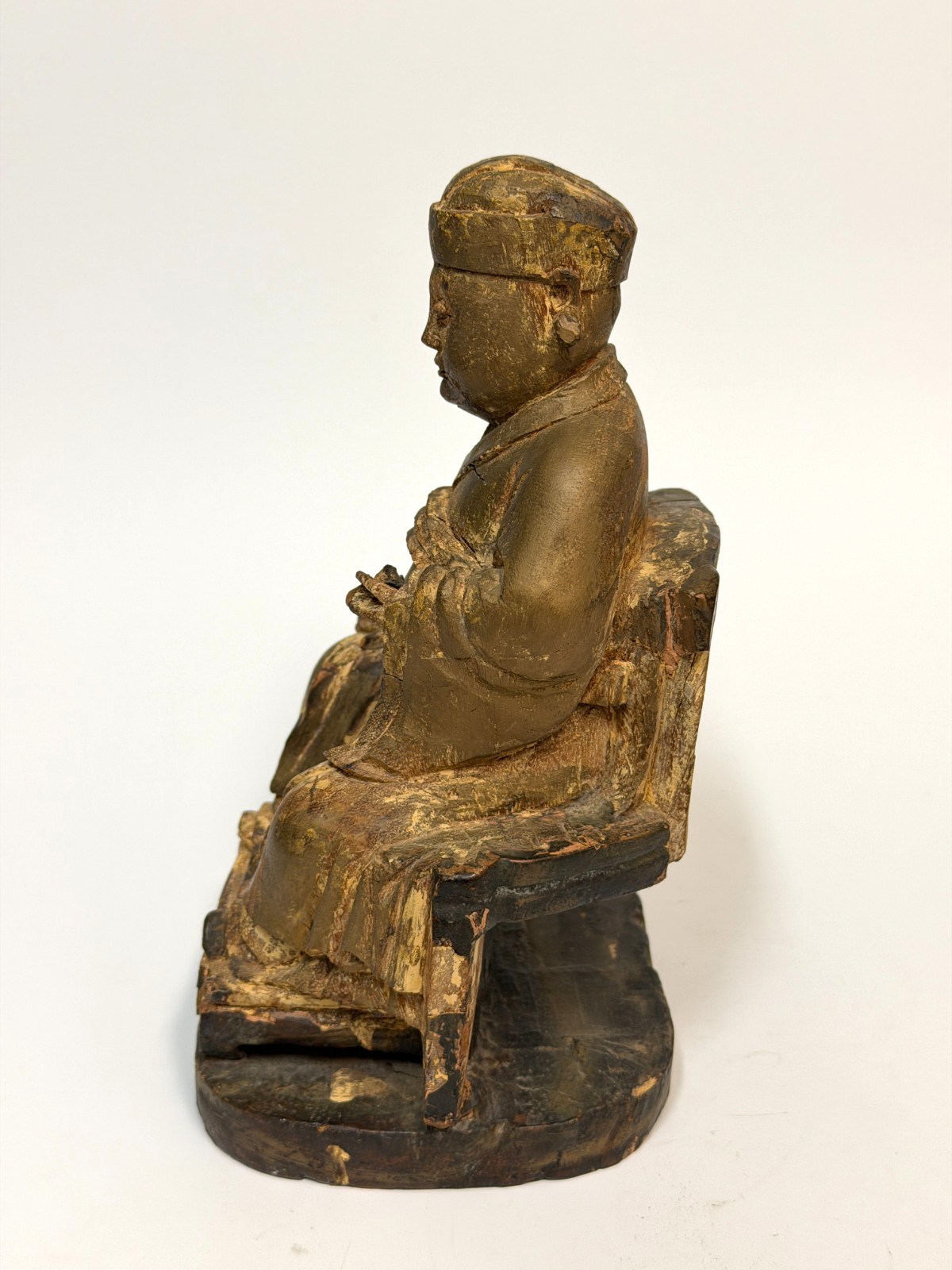 17/18C Chinese Gilt Wooden Folk Carving Seated Deity 8.5″ tall