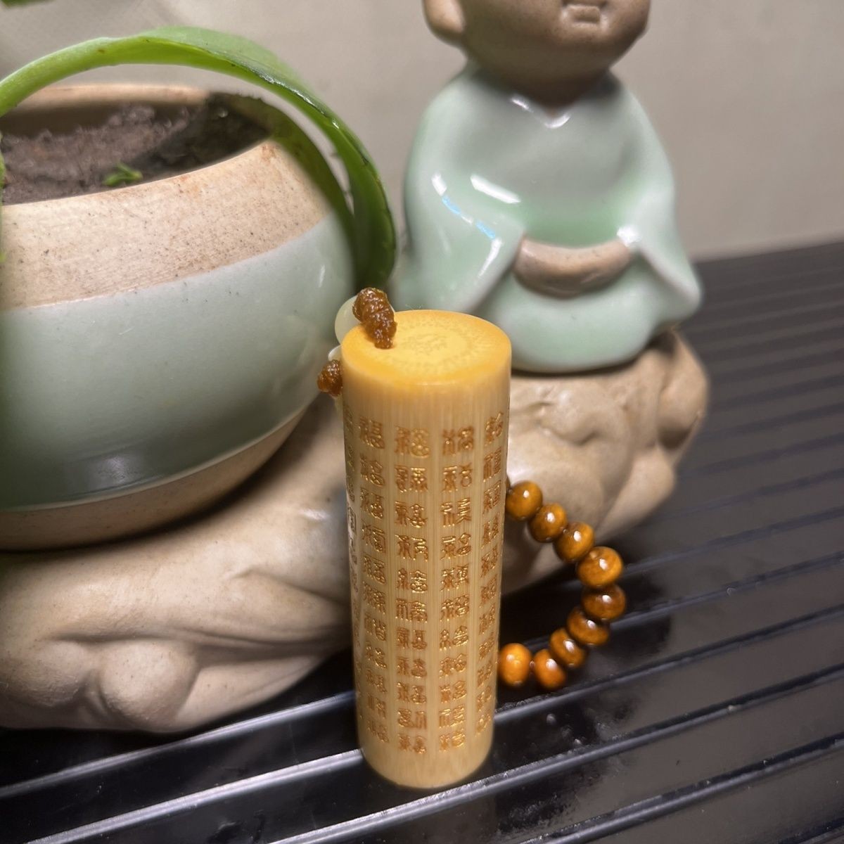 Premium Solid Jade Bamboo Hand-Carved Hundred Blessings Handle Piece Decorative