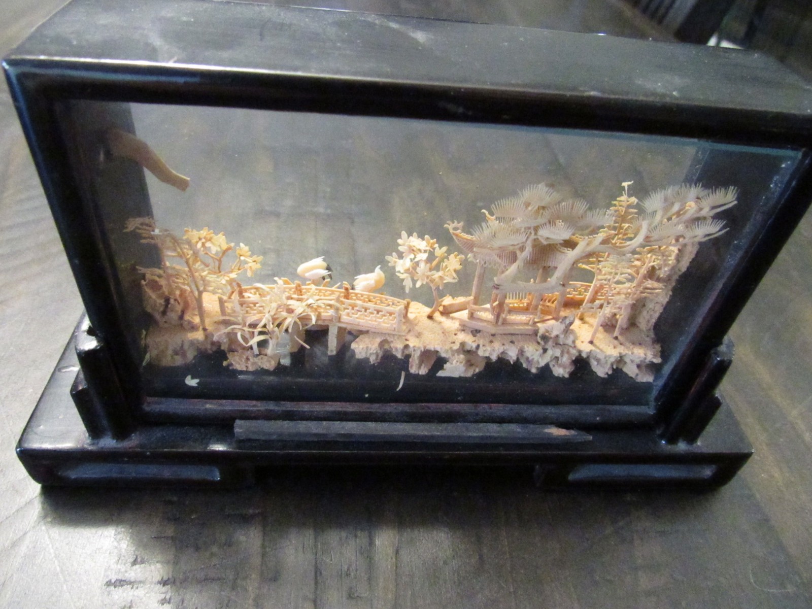 VTG Chinese San You Cork Art Hand Carved Diorama with Pagoda, Cranes, Trees LP-4