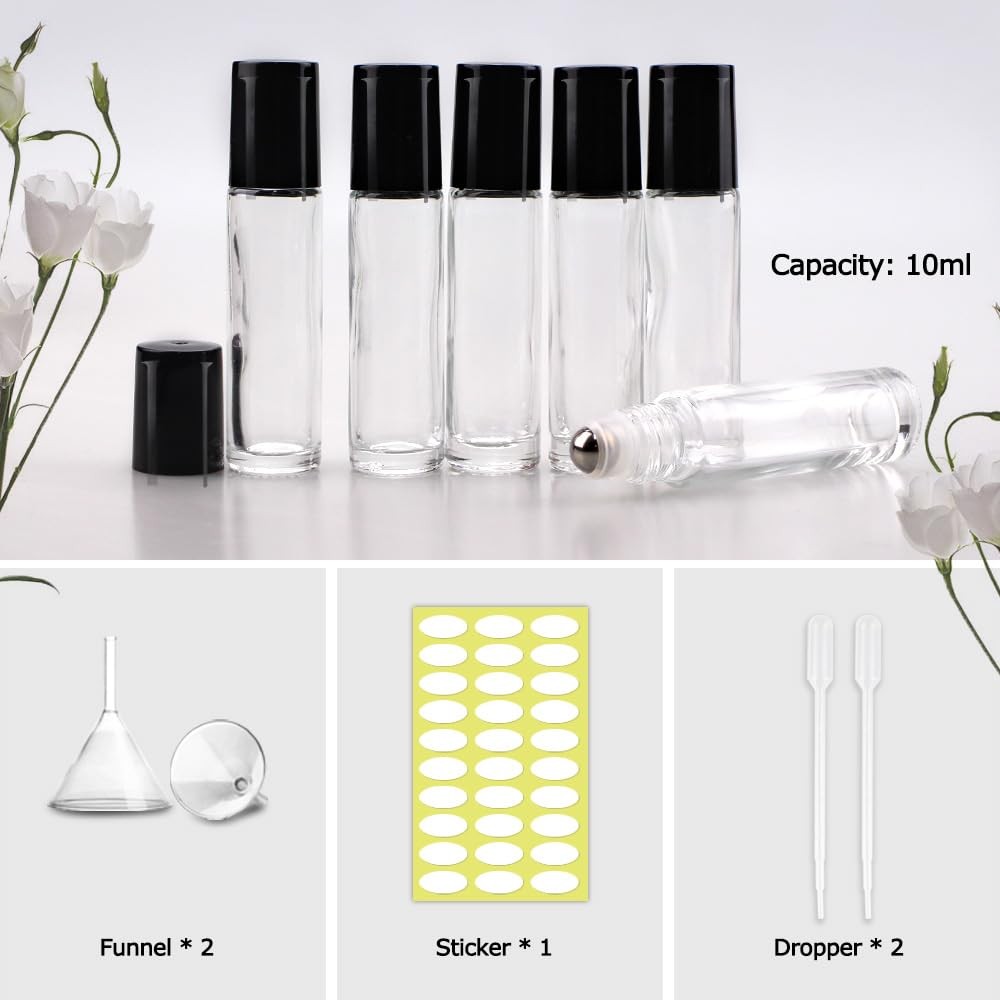Sungwoo 25pk 10ml Clear Glass Essential Oil Roller Bottles Travel Perfume Lip