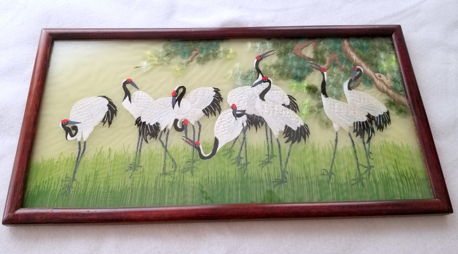Vintage Chinese Su Silk Embroidery Double Sided Frmd 20.5″ Red Crowned Cranes