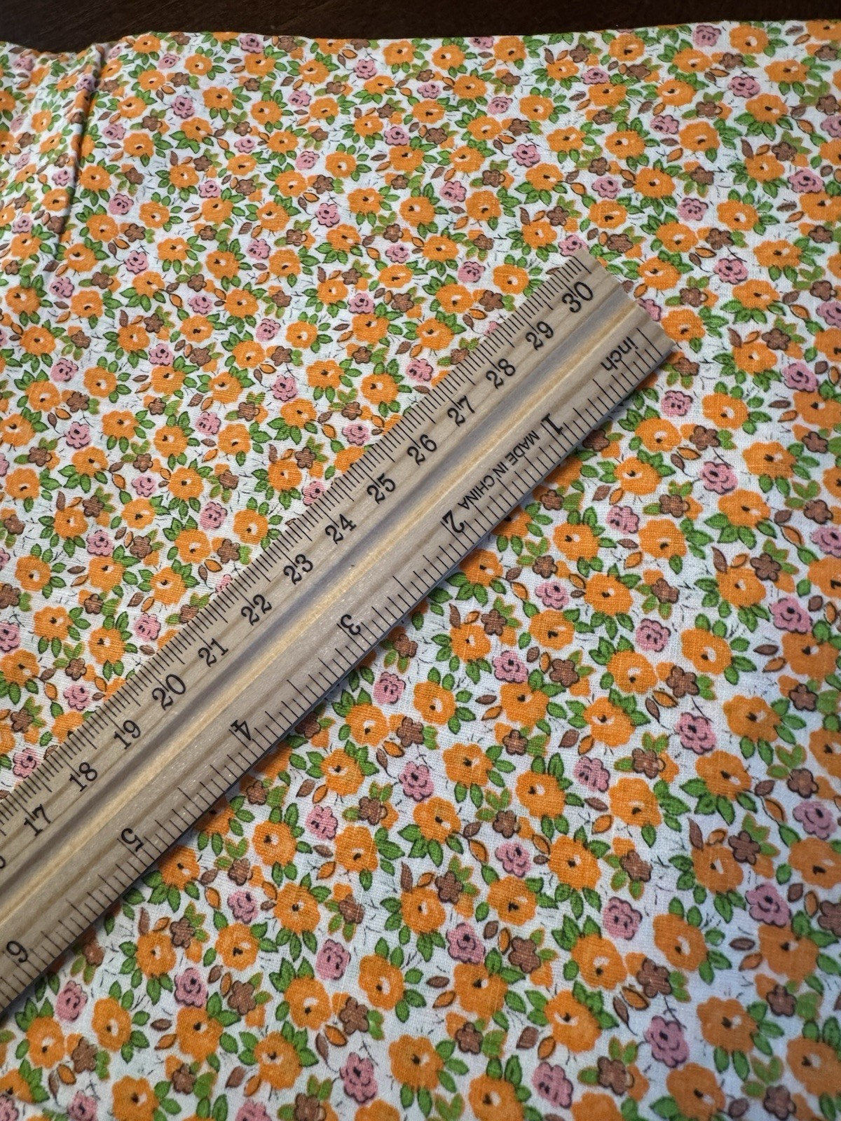 NEW Vintage Cotton Fabric w Store Tag 2 YARDS 35″ W Ditsy Orange Floral 60s 70s