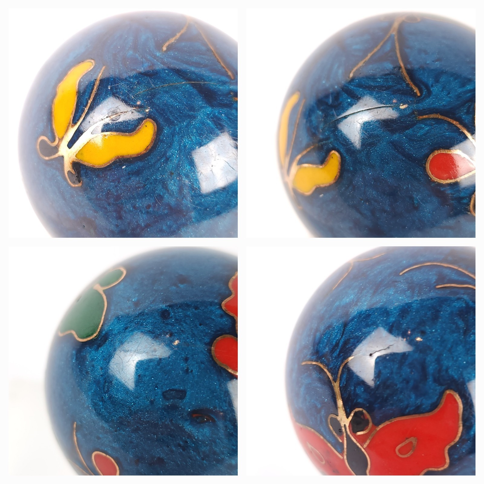 Vintage Chinese Cloisonné Baoding Health Balls w Box Blue Enamel w Butterflies