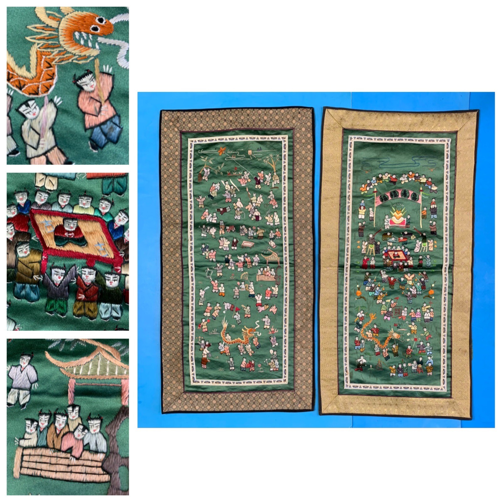 2 Vintage Chinese Hand Embroidered Silk Tapestry Wall Hanging Panels Children