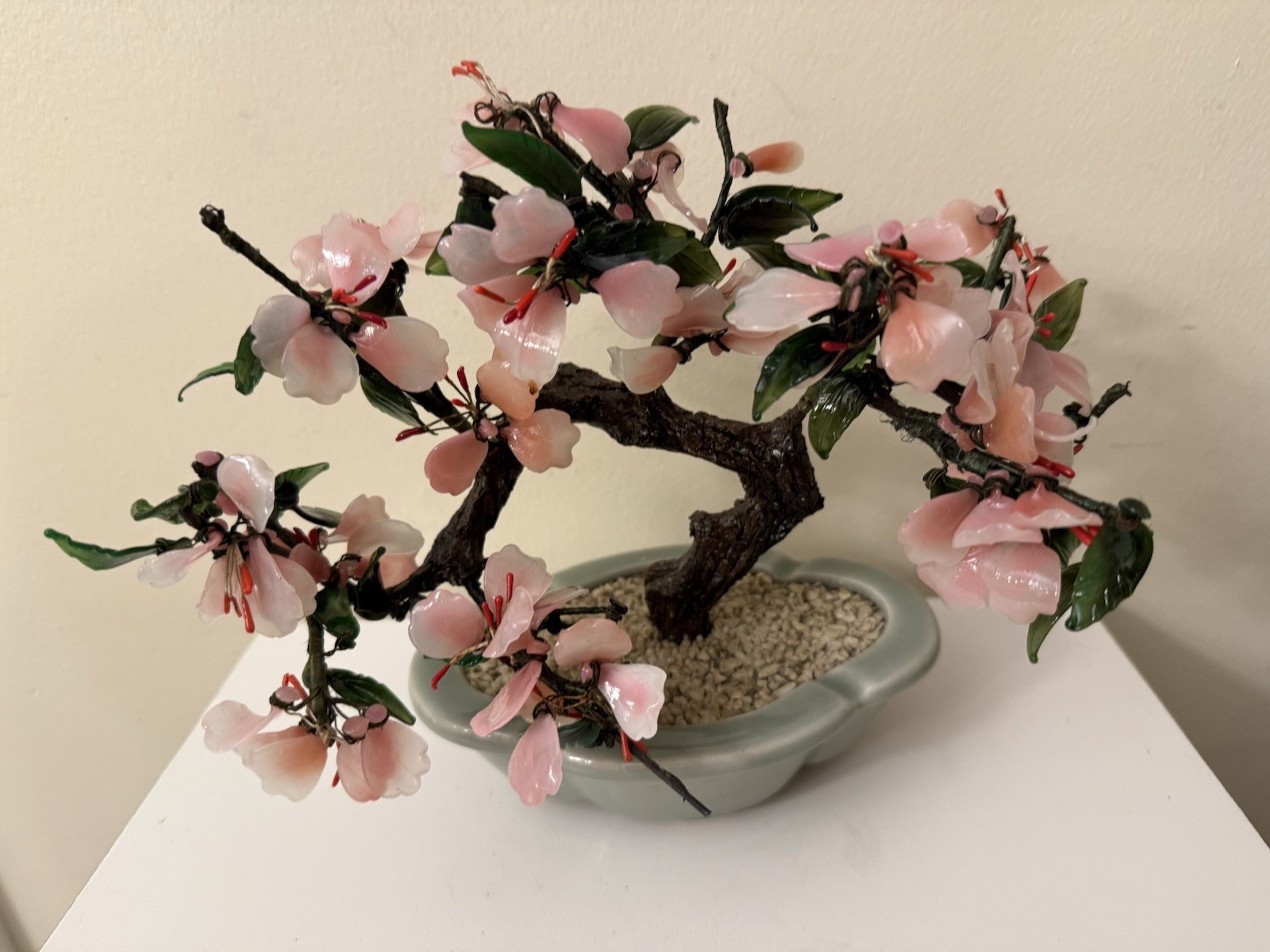 Vtg Asian Jade Glass Flowering Pink Cherry Blossom Bonsai Tree Ceramic Pot 8×9”