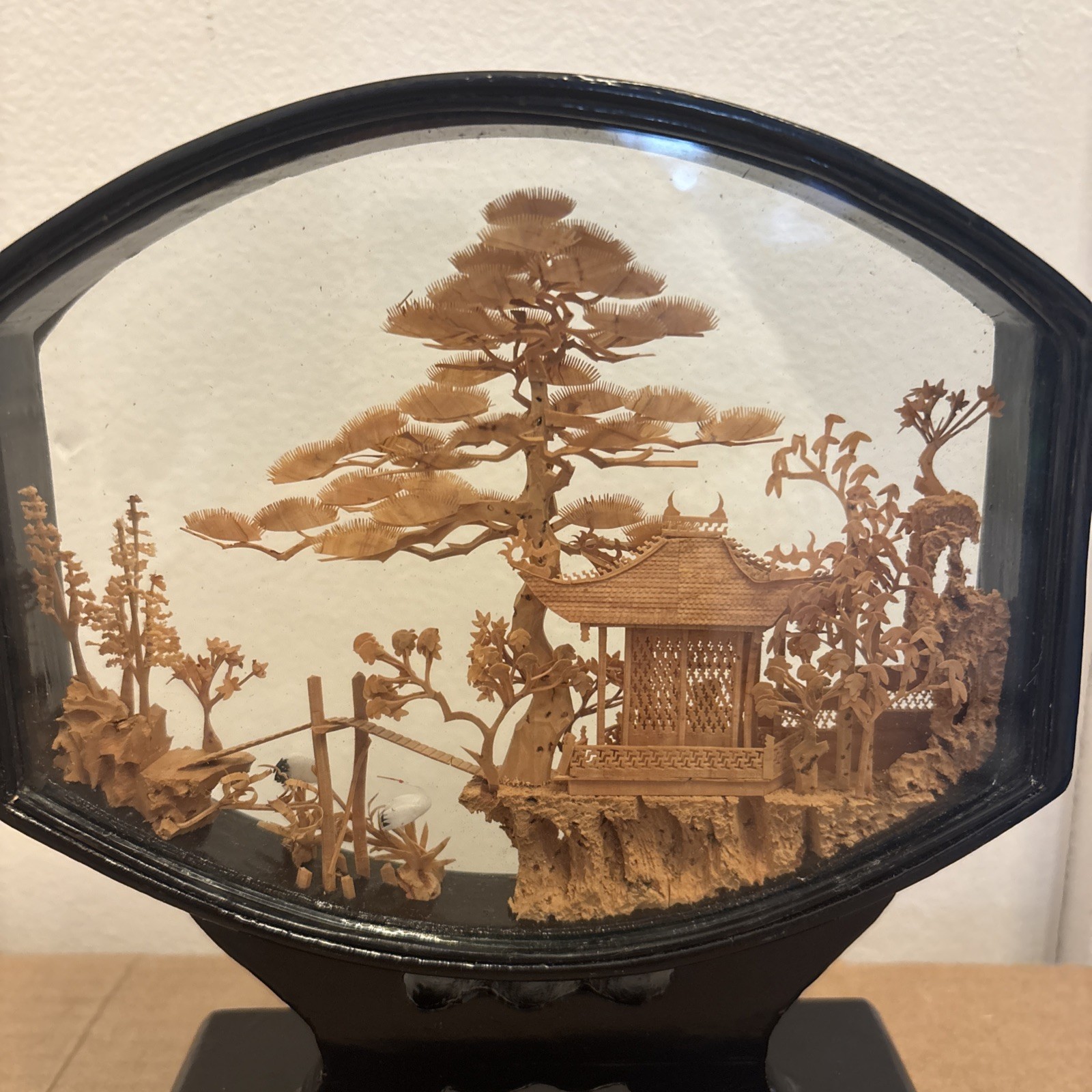 Vintage Chinese CORK Diorama Carving Sculpture Traditional Folk Art Pedestal 7”