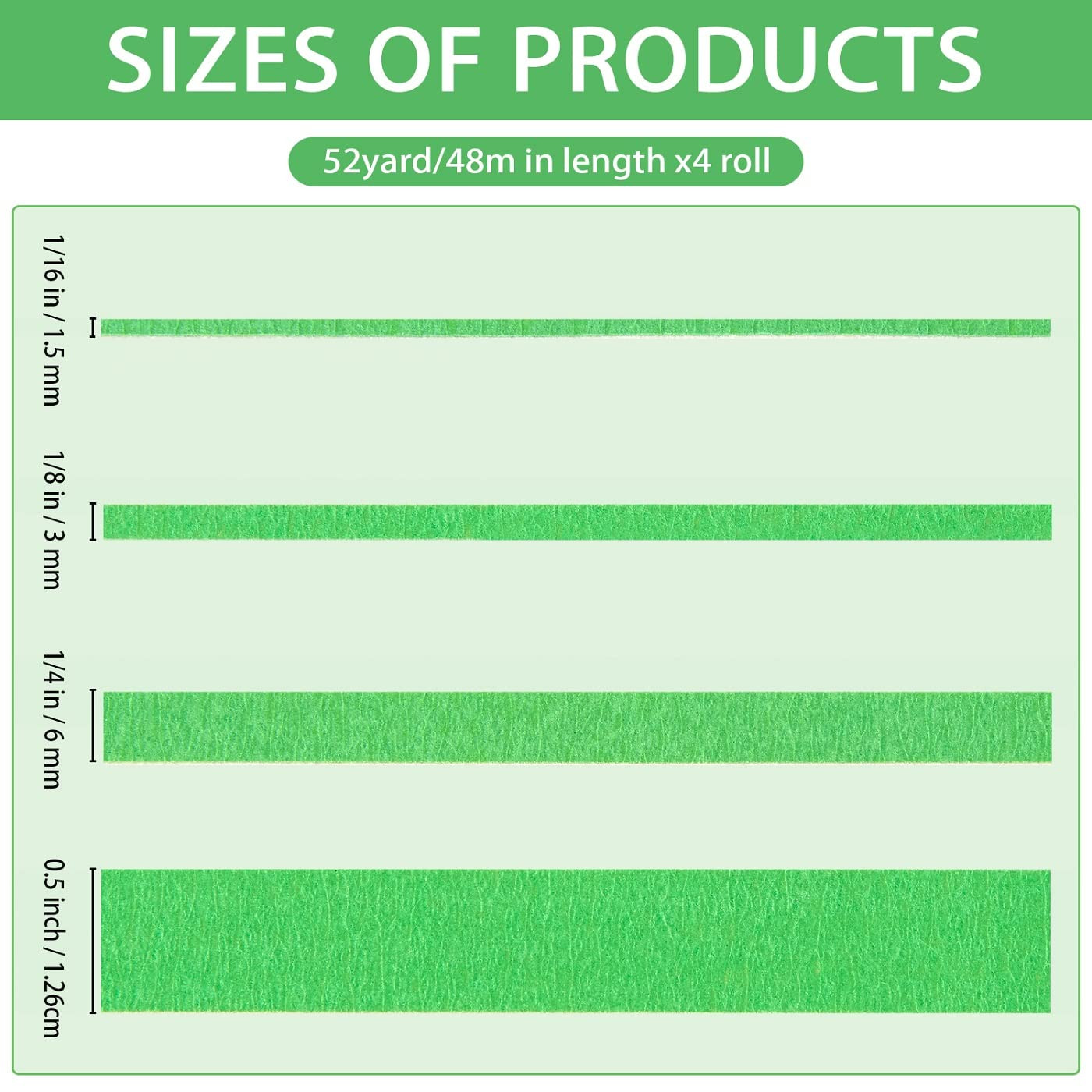 4 Rolls Fine Line Tape(Green), Fineline Masking Tape in 1/16, 1/8, 1/4 and 1/2 I