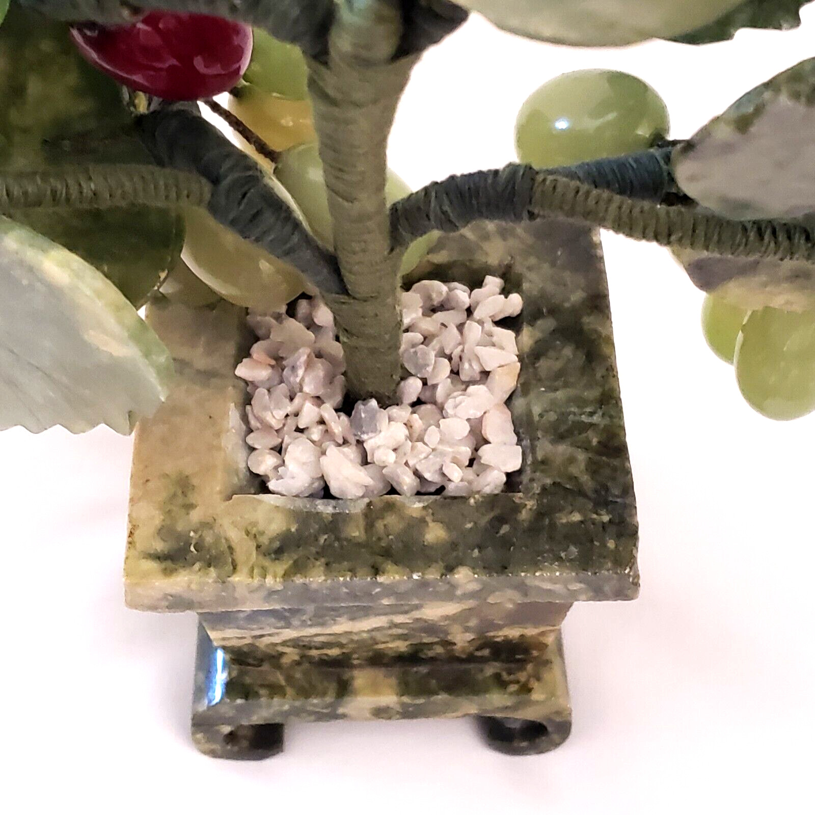 Jade Bonsai Grape Vine Tree Studio Art Carved Stone in Marble Planter 9″ Vintage
