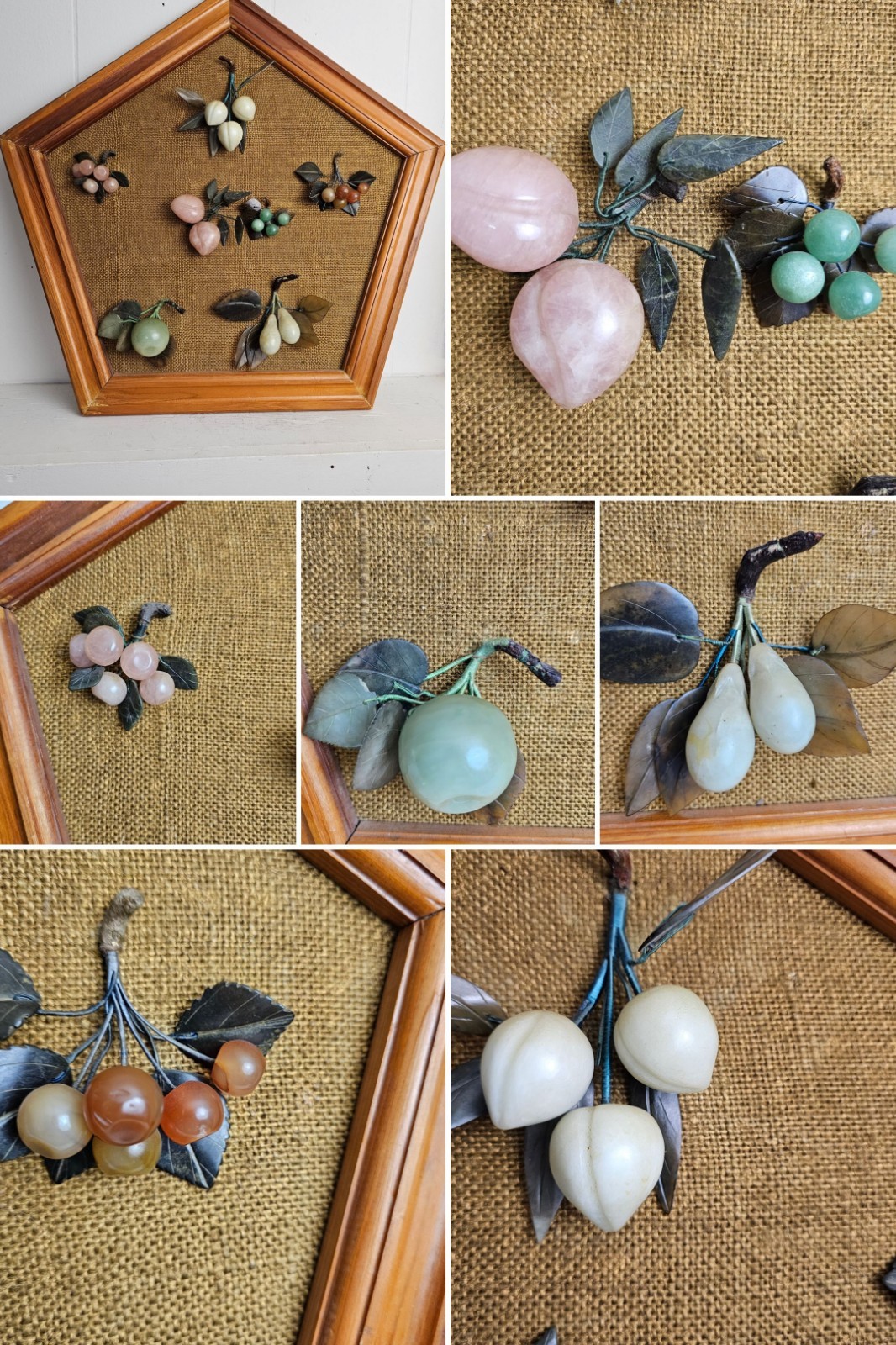 Vtg Chinese Jade Rose Quartz Carnelian Fruit Frame Cherry Pear Peach Wall Art