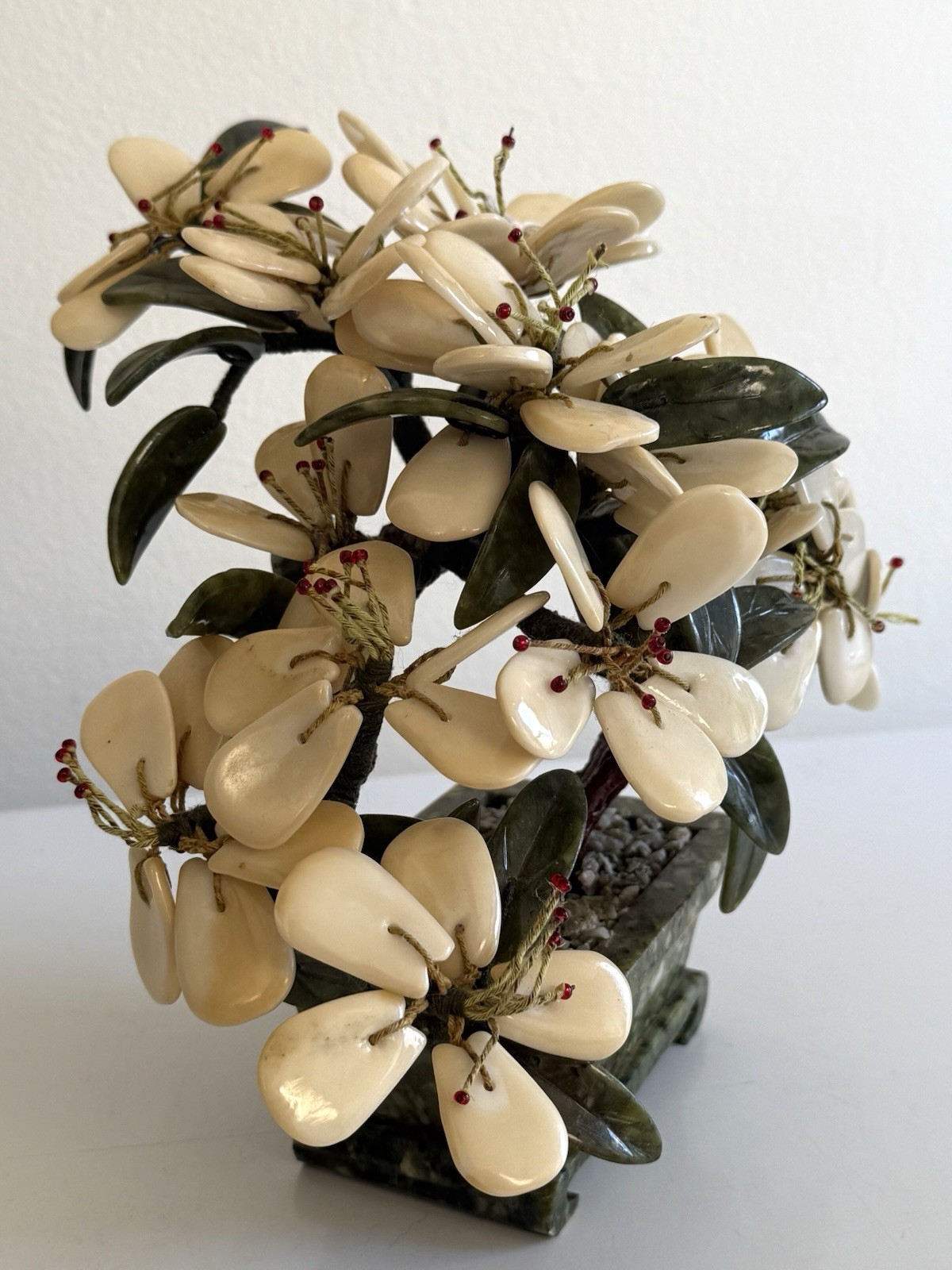 VTG Bonsai Tree Jade Pot Carved Semi Precious Stone Quartz Agate Flowers Blossom