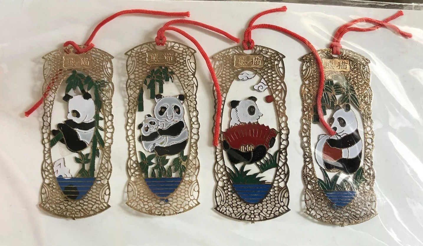 Oriental Asian Lot Of 4 Bookmarks W Panda Bears & Lucky Knot Wall Hanging VTG