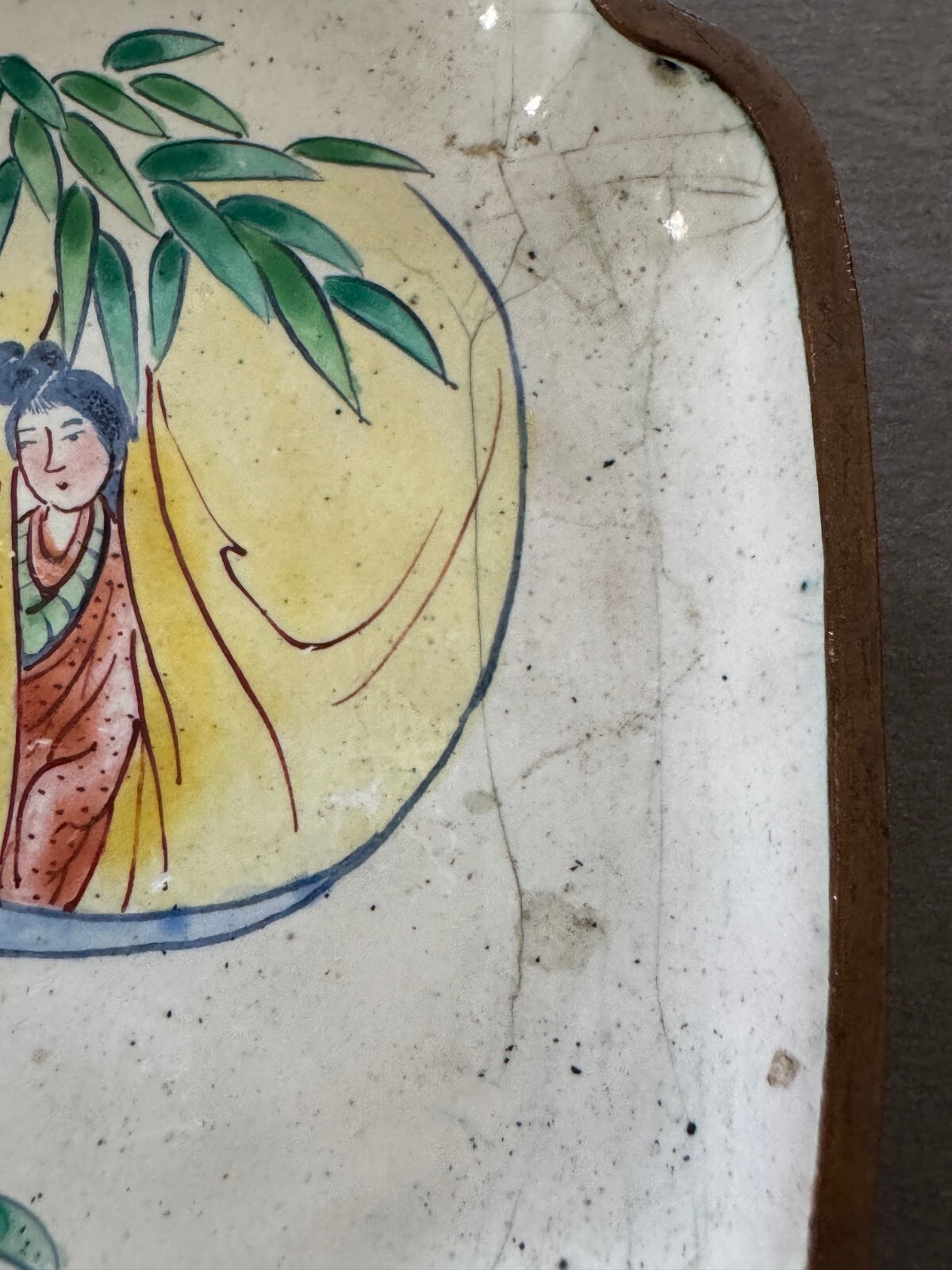 SMALL HAND PAINTED BAMBOO & WOMAN CLOISONNE TRINKET DISH TIDBIT TRAY VTG CHINA