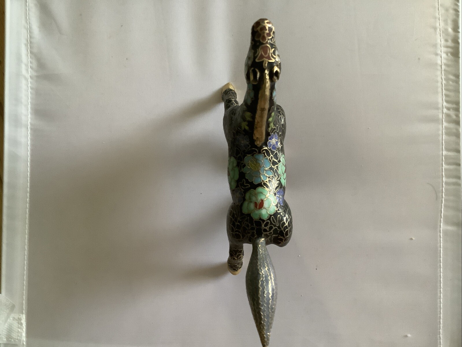 Chinese Cloisonné Small Horse Black w Blue & Green Flowers 6”
