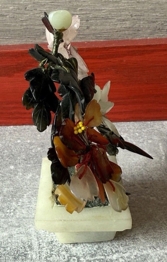 Vintage Chinese Jade Carnelian Quartz Flowers Tree Jade Pot