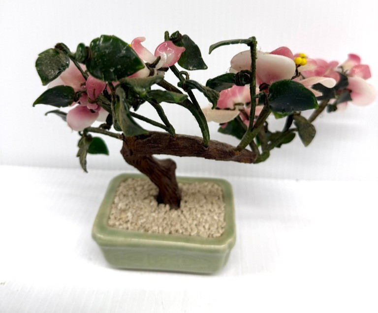 Vintage Jade Glass Cherry Blossom Bonsai Tree Pink Flowers 7” Celadon Pot
