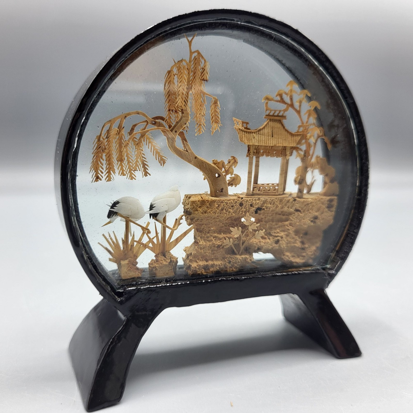Vintage Chinese Landscape Cork Diorama Glass Dome Black Stand SMALL 3.5″ x 3.25″