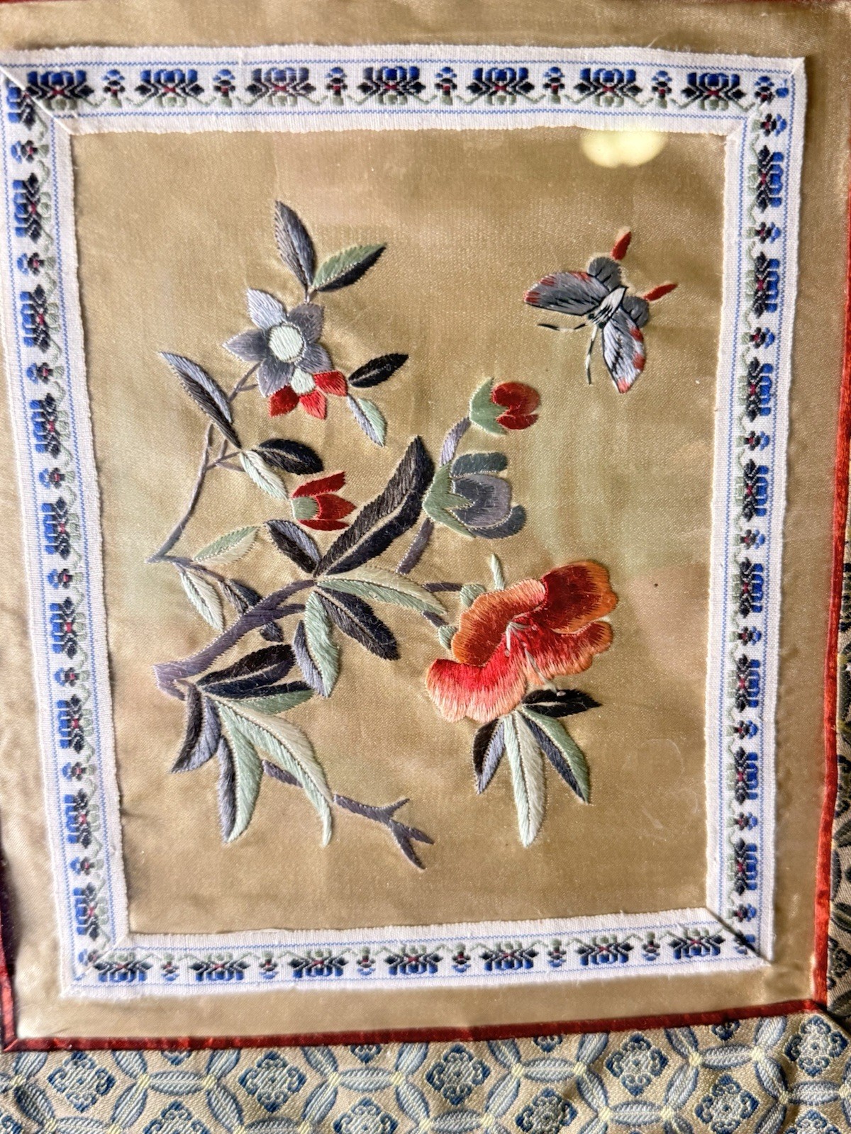 Vintage Chinese Silk Embroidery Double Panel Framed Butterflies Flowers