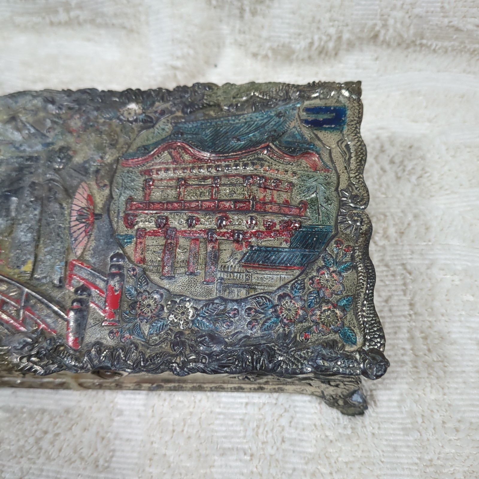 Beautiful Ornate Silver Chinese Trinket Musical Box WORKS Made In Occupied Japan
