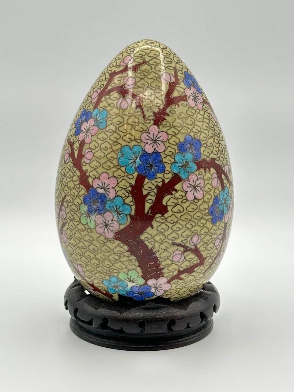 Vintage Chinese Cloisonné Enamel Egg w/ Wood Stand Floral & Bird H-7.25″