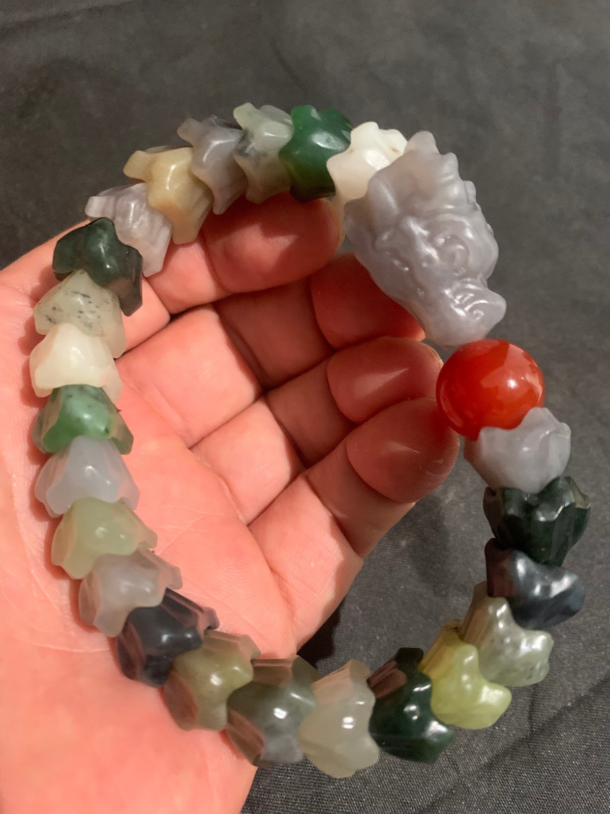Rare Chinese Natural Multicolored Hetian Jade Hand Carved Beads Dragon Bracelet