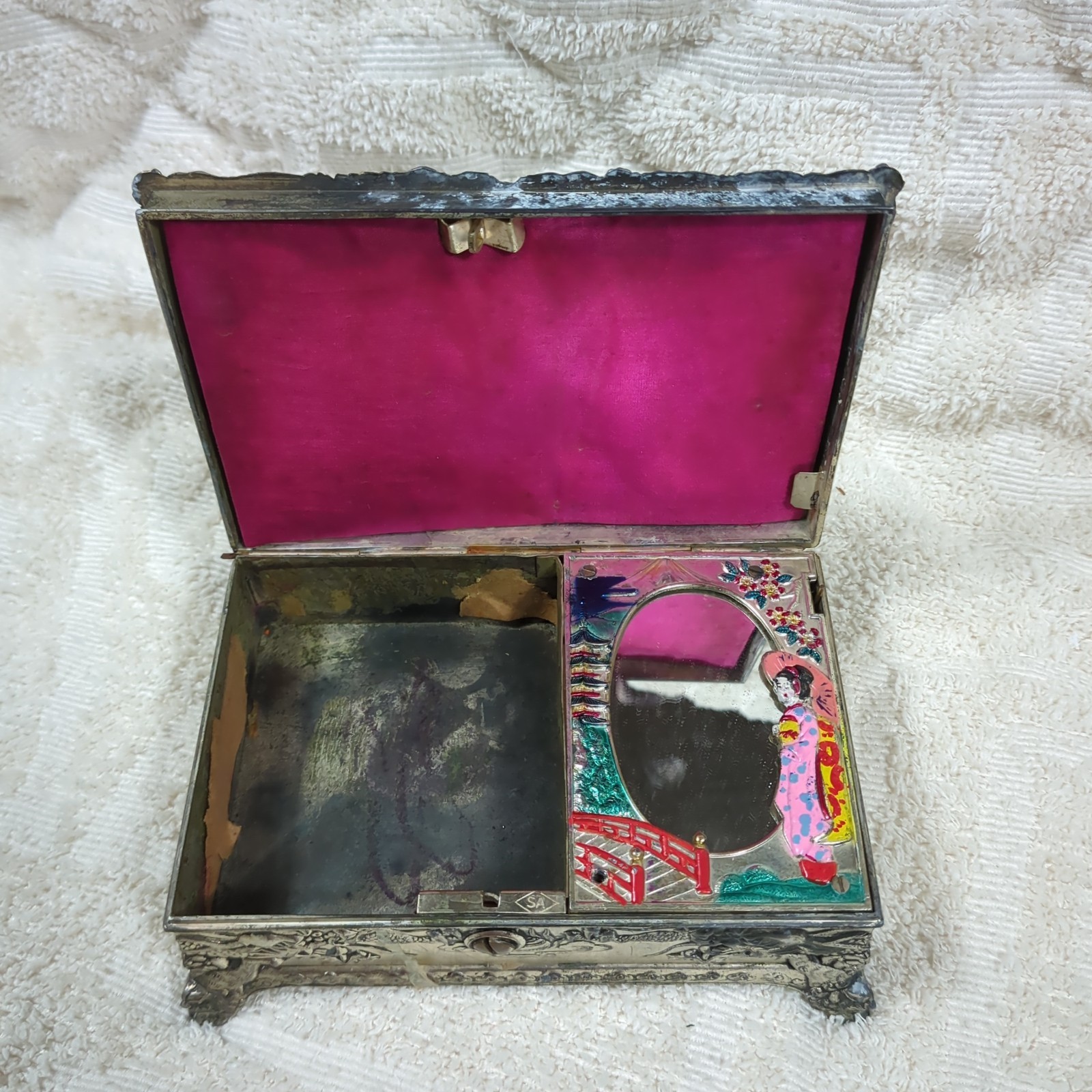 Beautiful Ornate Silver Chinese Trinket Musical Box WORKS Made In Occupied Japan