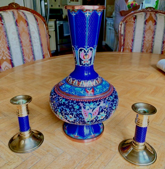 Cloisonne Vase Chinese Two Cloisonne Candlesticks Pristine Vintage 1970s