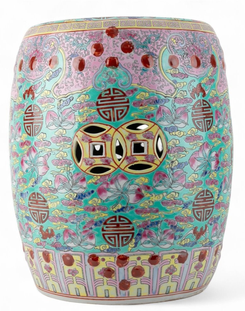 Blue Green and Peach Porcelain Garden Stool- 12″ x 15.75”H