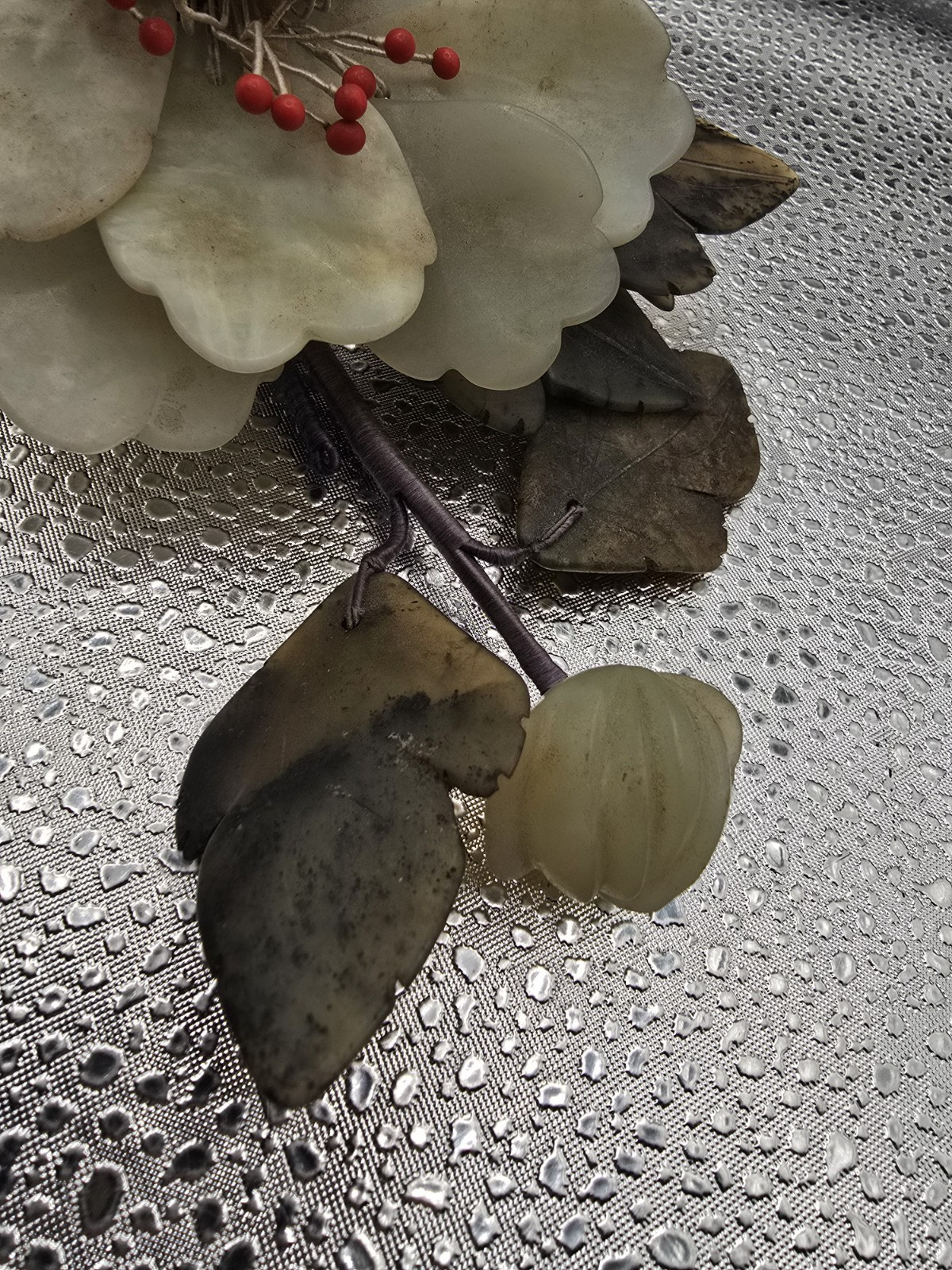 Vintage Antique Chinese Carved Stone Jade Flowers Leaves