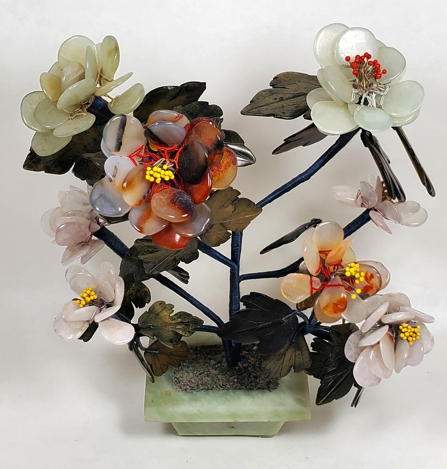 vintage hand carved Jade/Jadite Bonsai potted Tree. 8-1/2” tall. Multicolor