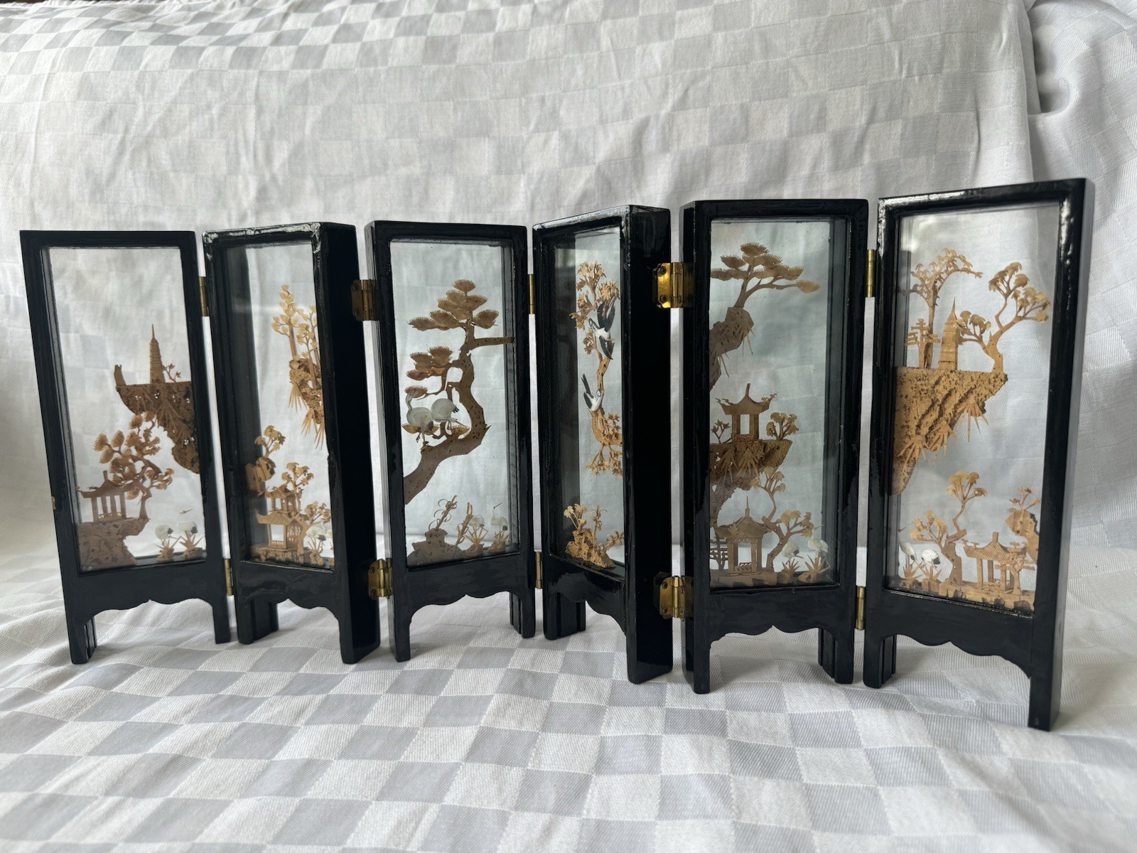 Chinese Cork Art Folding Screen 6 Panel Diorama Landscape Pagoda Black Lacquer