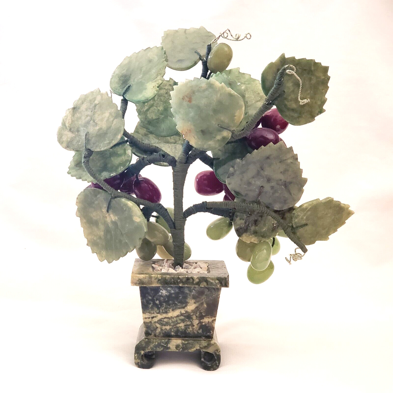 Jade Bonsai Grape Vine Tree Studio Art Carved Stone in Marble Planter 9″ Vintage