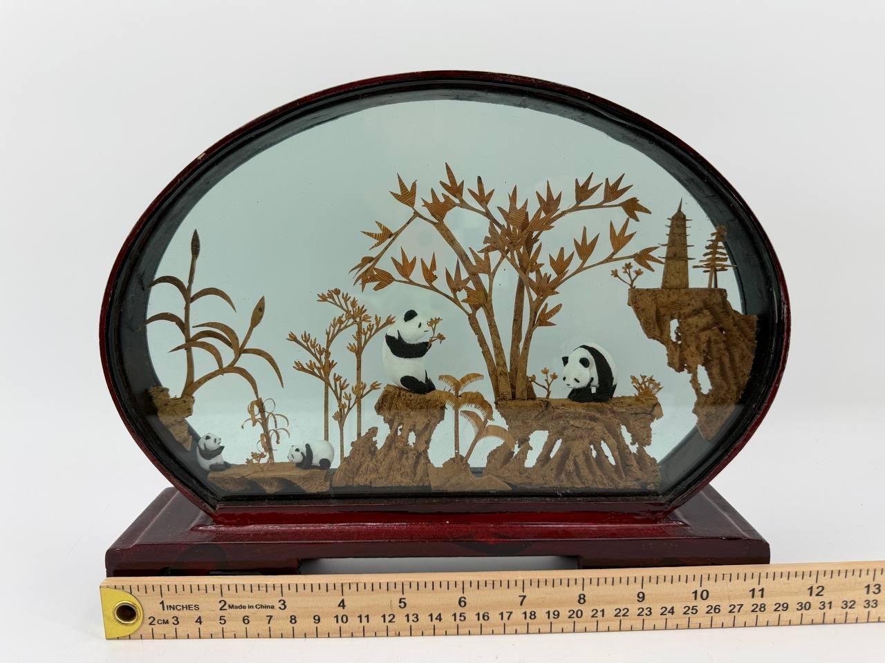 Chinese Cork Carving Panda Diorama Glass Wood Frame Tabletop Decor 1.5 lb