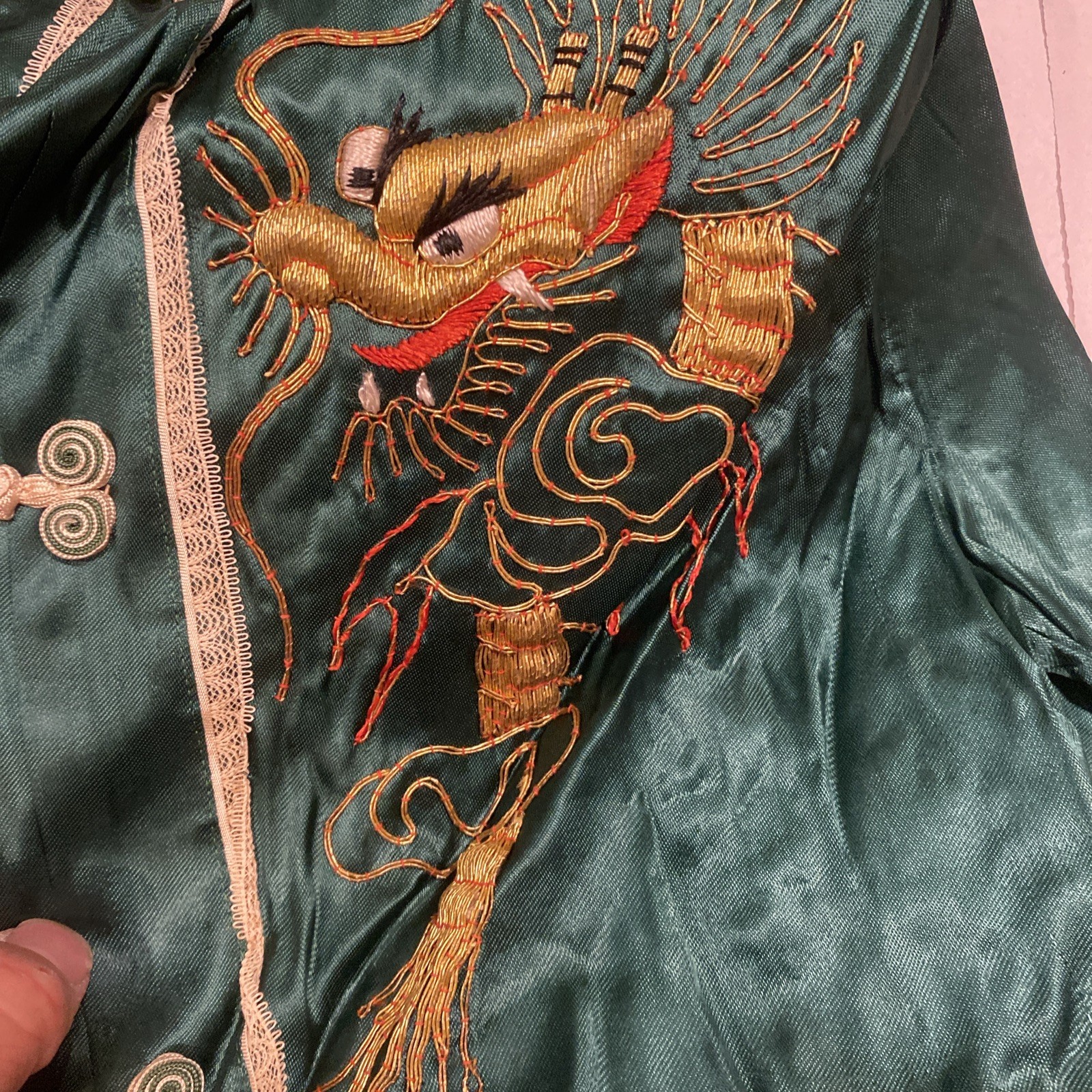 Vintage 1950s Chinese Dragon Embroidered Handmade Satin Women Bedtime Box Set