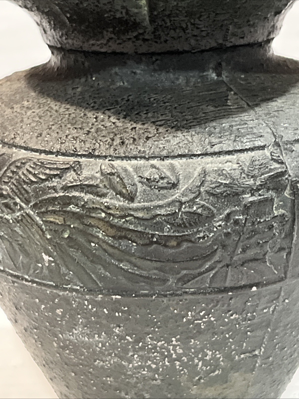 Chinese Stone Cast Vase Metal Decorated Design Iron? Asian Flowers Motif