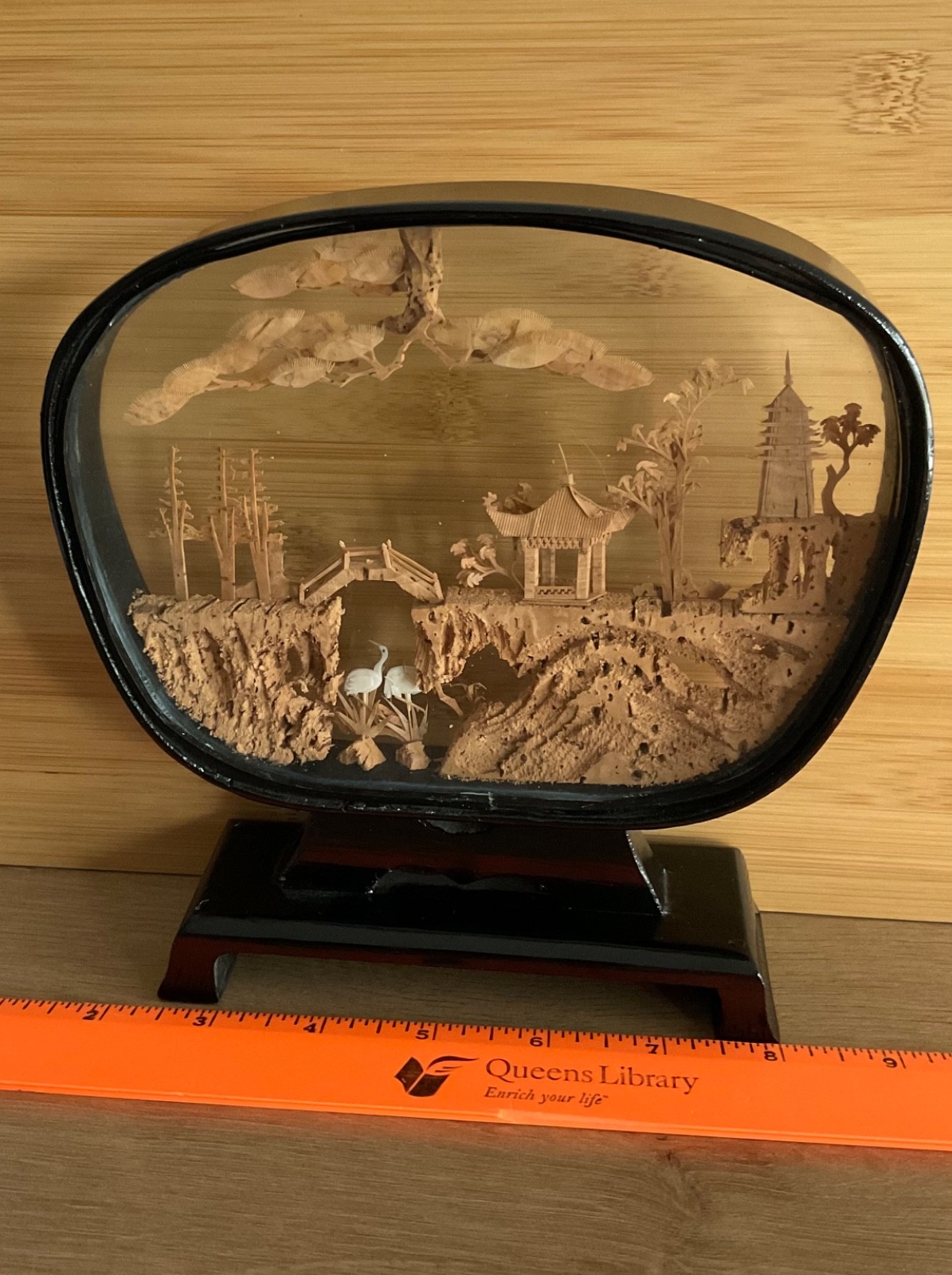 VTG Chinese Diorama Cork Carving Pagoda Trees Cranes Lacquer Glass Case 7” x 7”
