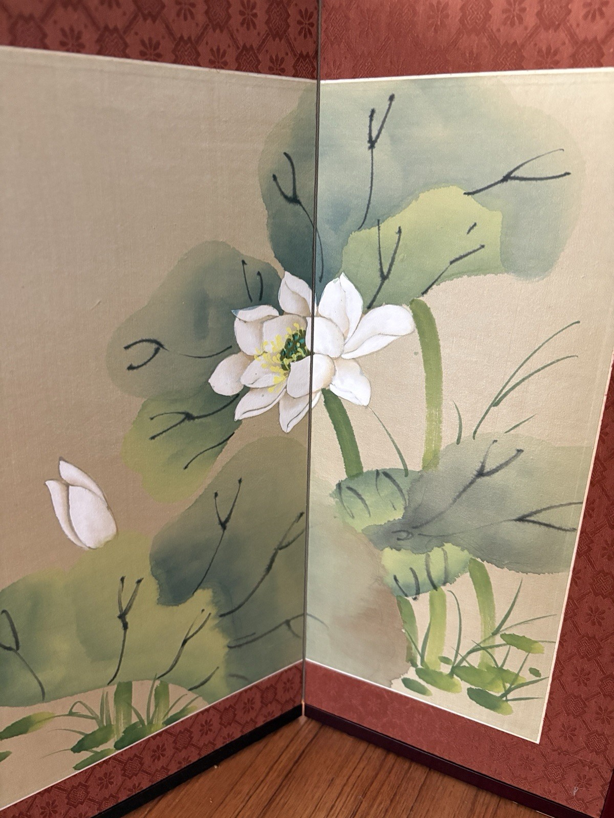 Vintage Chinese Tabletop Folding Screen 4 Panel Lotus Blossom Art 32×17