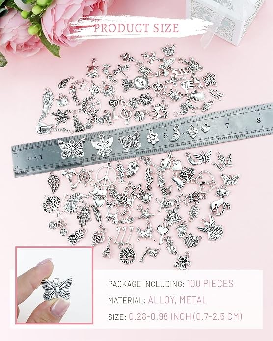 JIALEEY 100 PCS Silver Charms Bulk Wholesale Tibetan Metal Pendants DIY Craft