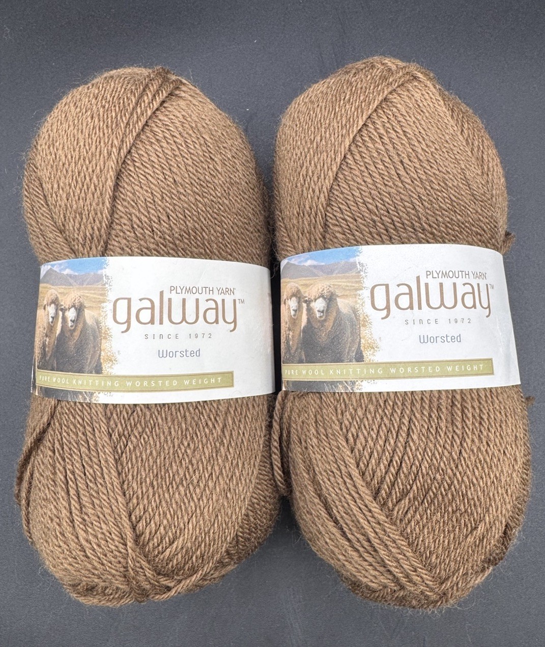 NWT Plymouth Yarn Galway Worsted Weight 100% Pure Wool 2 Skeins Cappuccino Brown