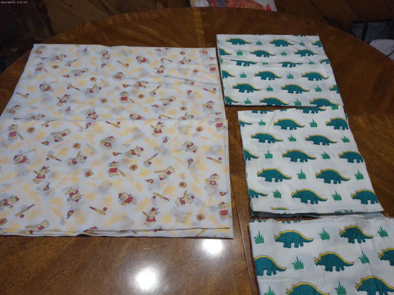 3 Dinosaur Soft Fabric Pieces 43W x 17L & 43 x 35 & 11w x 90L & 40 x 45 Bears