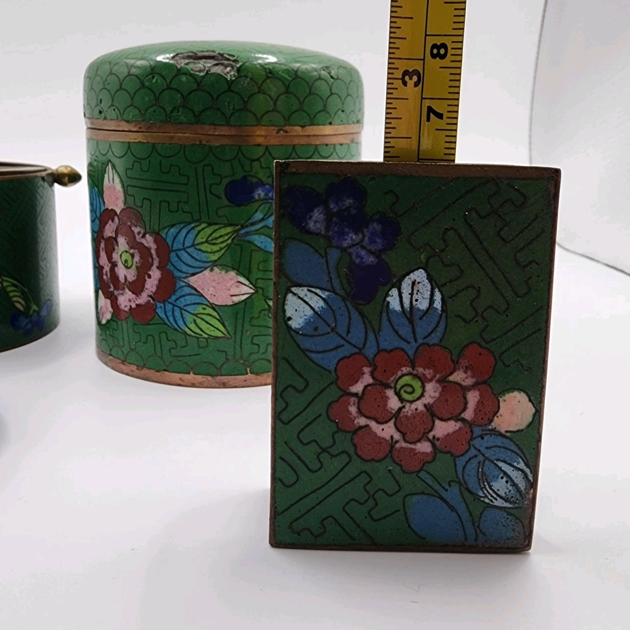 Vtg Green Chinese Lidded Cigarette Matches Ashtray Cloisonné Set Blue Enamel