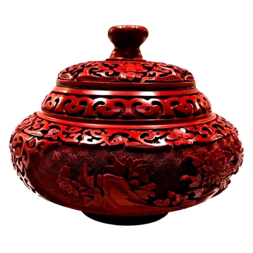 Antique Chinese Cinnabar Ornate Red Trinket Box Blue Enameled Brass Exquisite