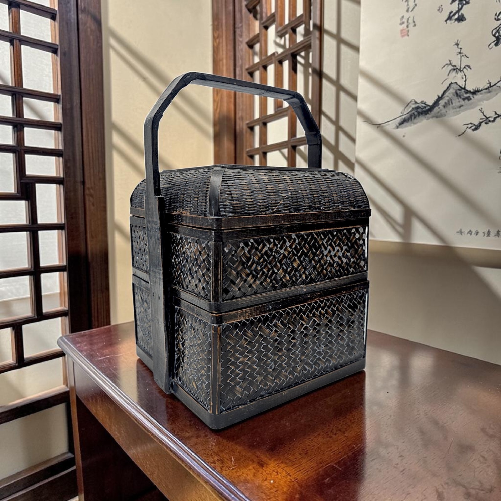 Vintage Chinese Wedding Basket Black Lacquer Woven Bamboo Export 13″ PRC