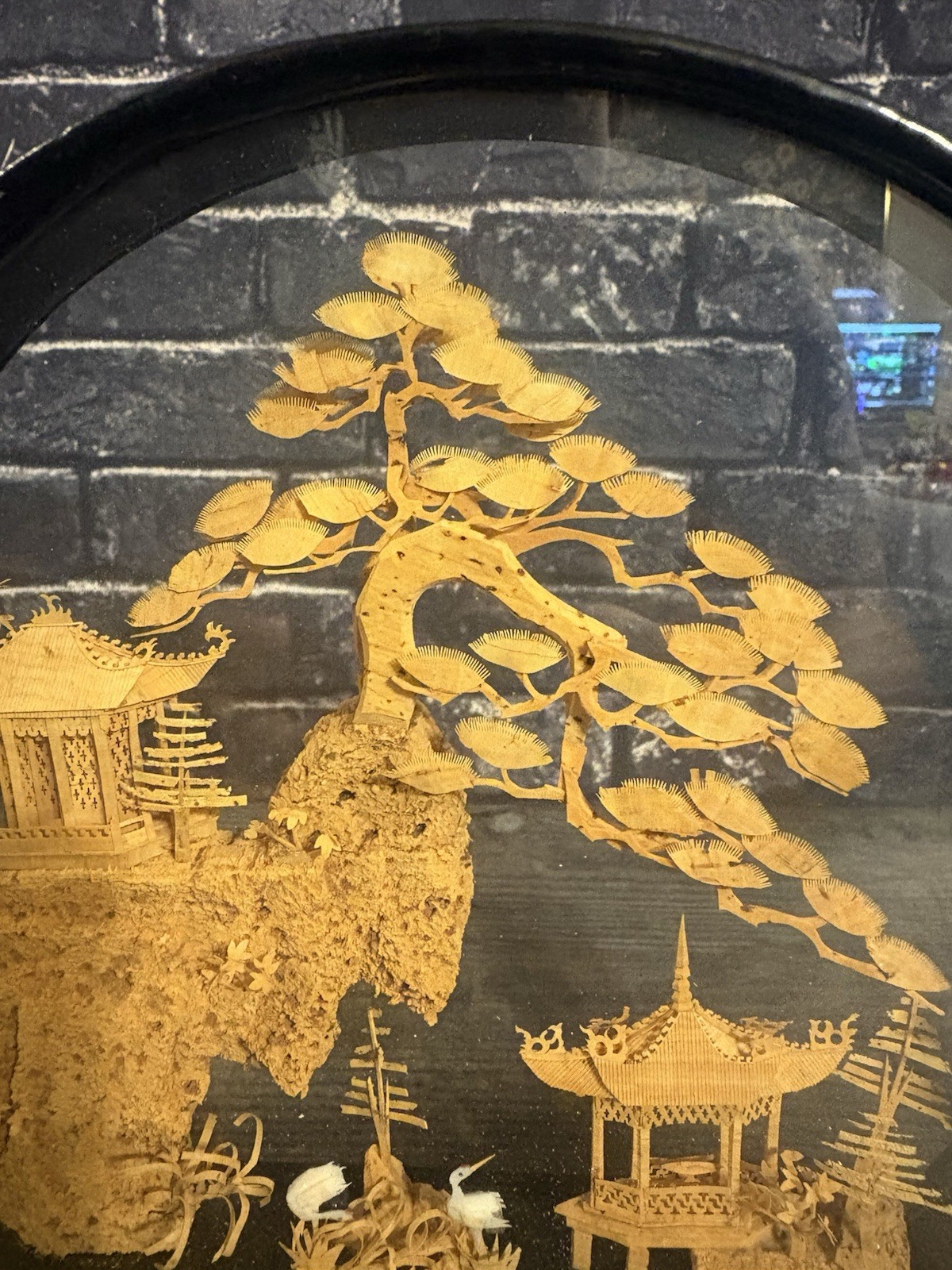 VINTAGE ROUND CHINESE CORK ART HAND CARVED DIORAMA PAGODA CRANES TREES CLIFF 9″