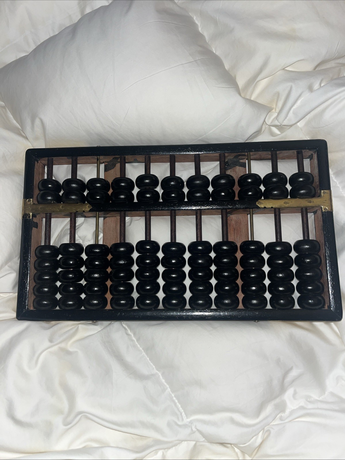 Vintage Abacus -11 RODS 77 BEADS Wood Black Painted Brass Accents Hong Kong