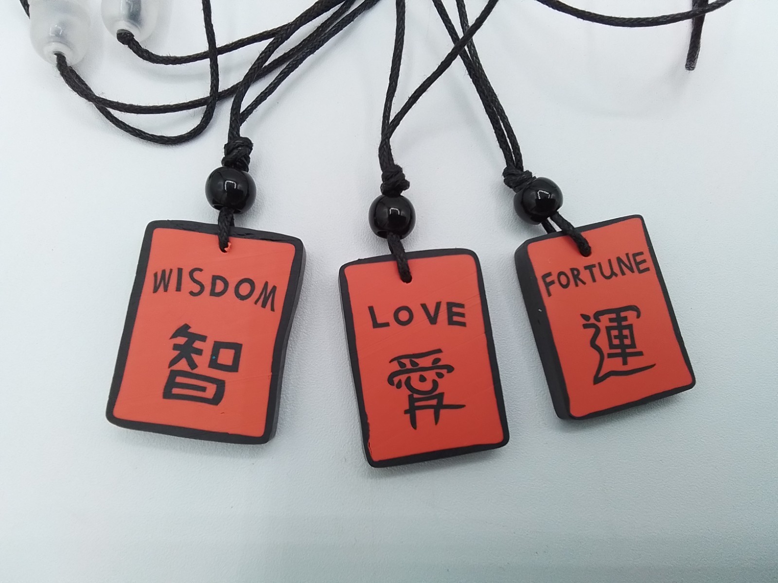 3 ASAIN CHINESE TILE 26″ NECKLACES LOVE WISDOM FORTUNE MYTHOLOGY PHILOSOPHY VTG