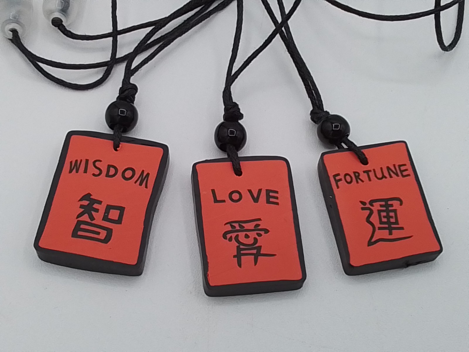 3 ASAIN CHINESE TILE 26″ NECKLACES LOVE WISDOM FORTUNE MYTHOLOGY PHILOSOPHY VTG