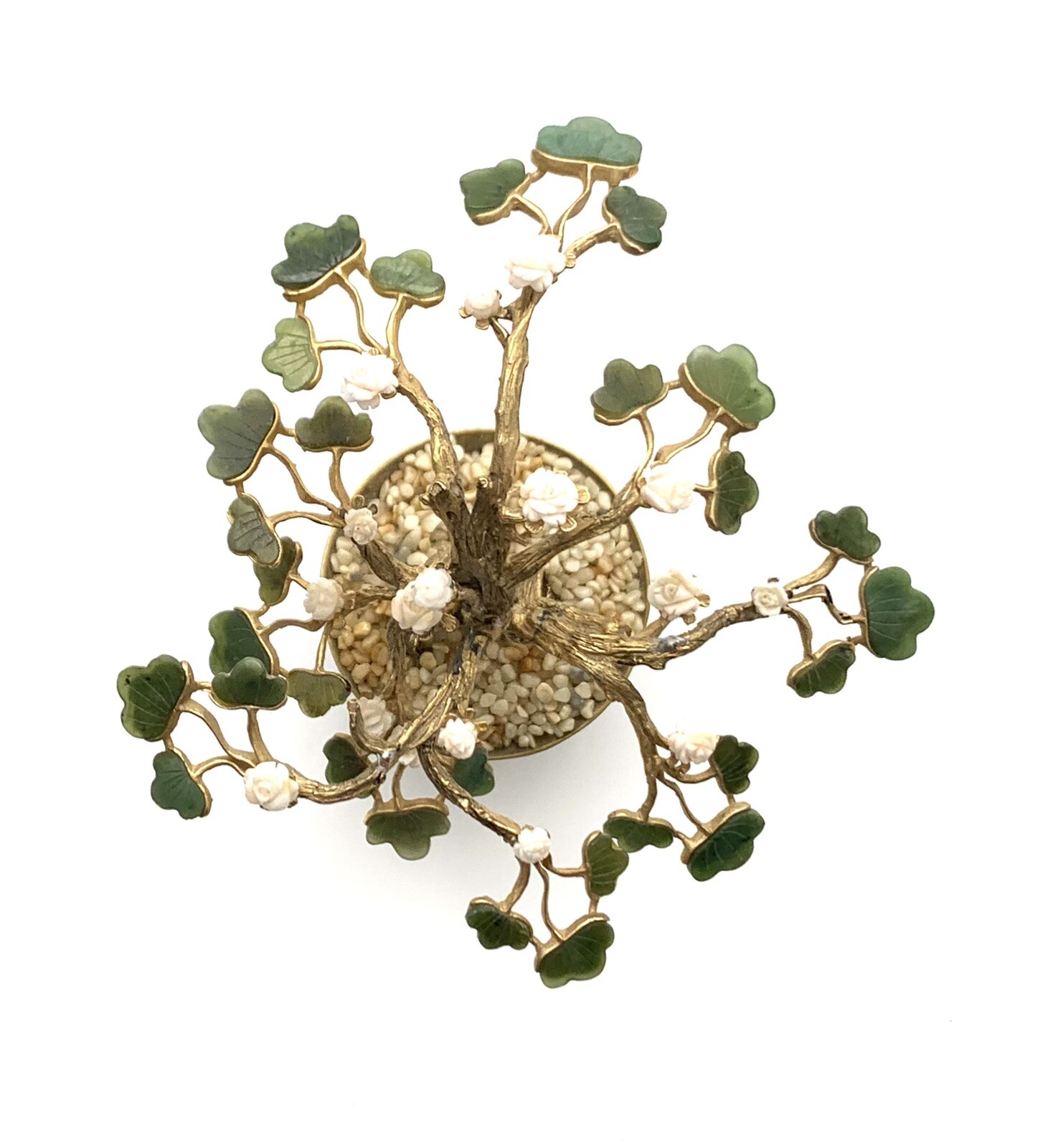 Bonsai Tree Glass Jade Stone & Pearl Flower in Brass Pot Vintage Oriental Decor