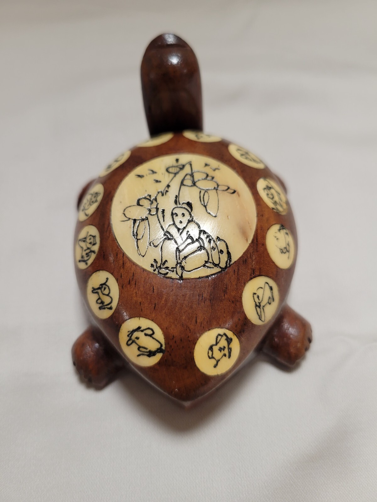 Vintage Asian Carved Wooden Turtle, Opens with Compass and Zodiac Signs